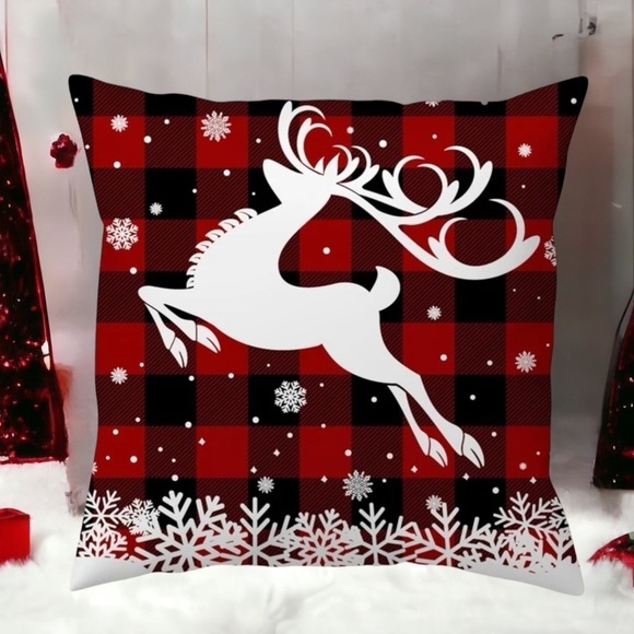 Pillow Cover Snowflake Deer Farmhouse Plaid Zippered Red Black Large 17.7 in - Picture 9 of 14